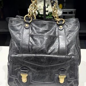 Vintage Coach Poppy Black Leather Tote with Gold Chain Handles